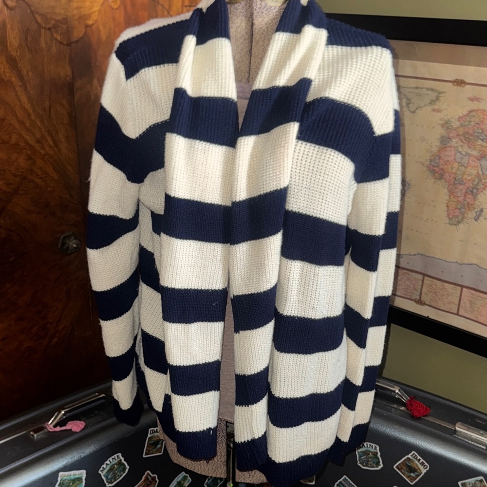 Two Hearts XL Maternity Cardigan: Cozy Navy & White Stripes! Catchy Title: